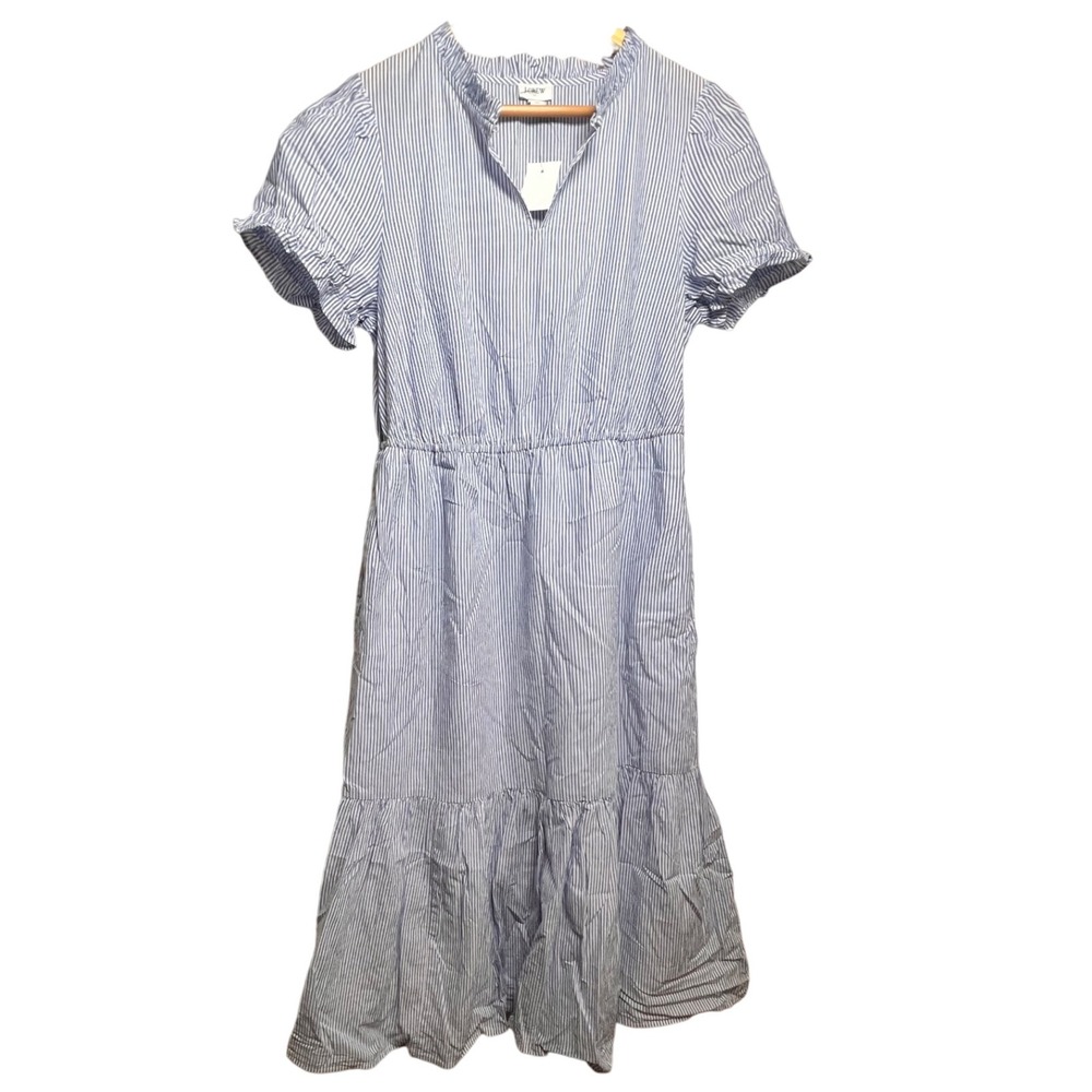 J. Crew Women's Blue Striped Ruffle Neck‎ Short Sleeve Tiered Midi Dress